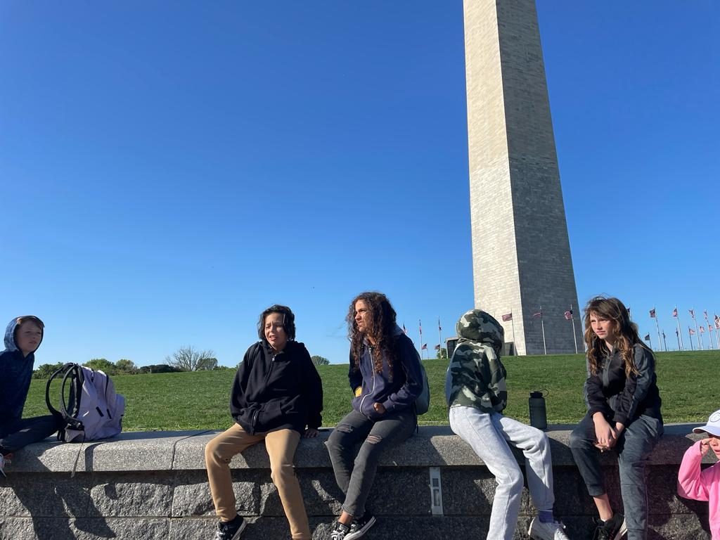 Students near a mountain monument in North Carolina